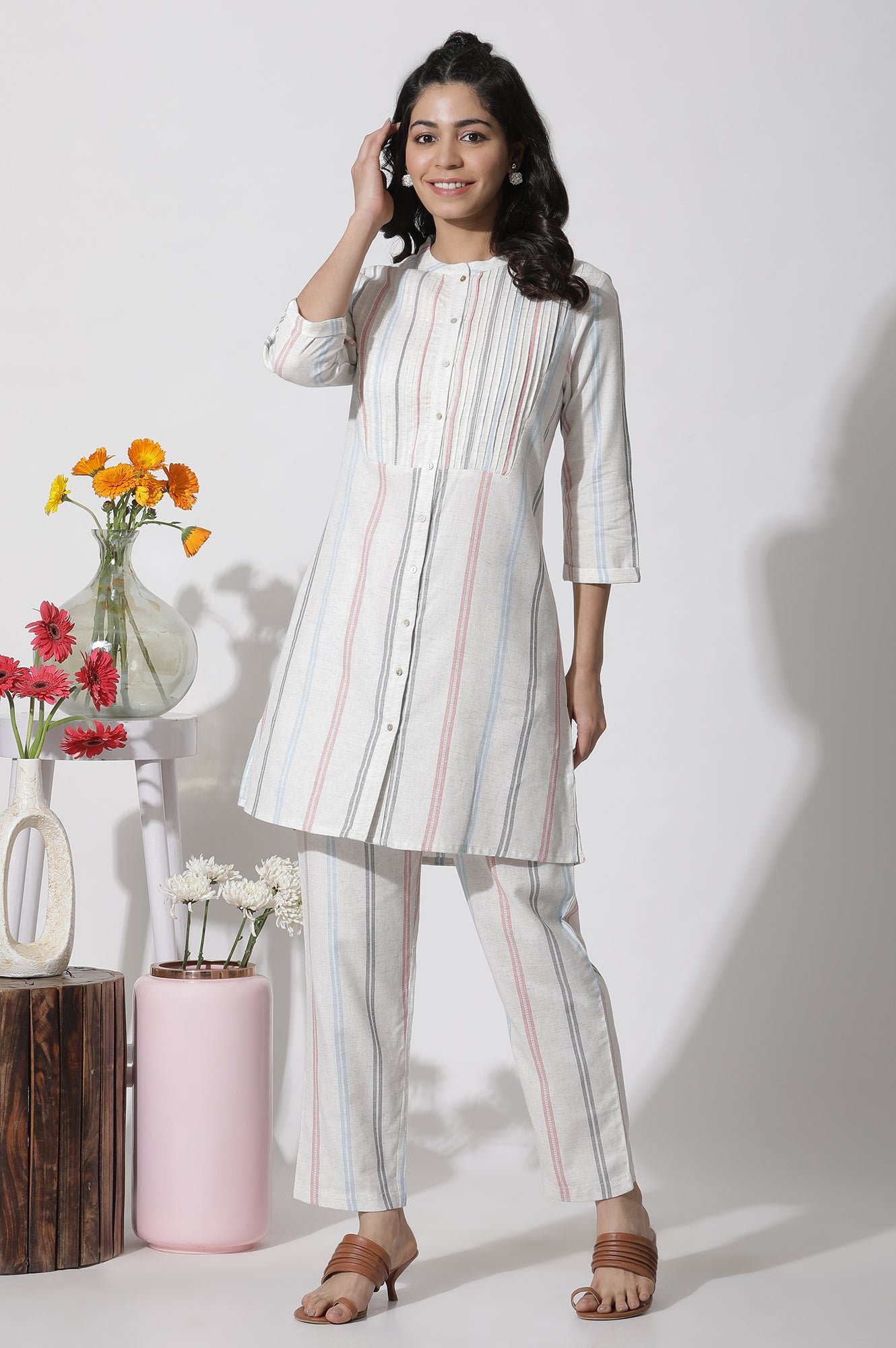 White Stripe Printed Pintuck Tunic And Pants Co-Ord Set - Image 10