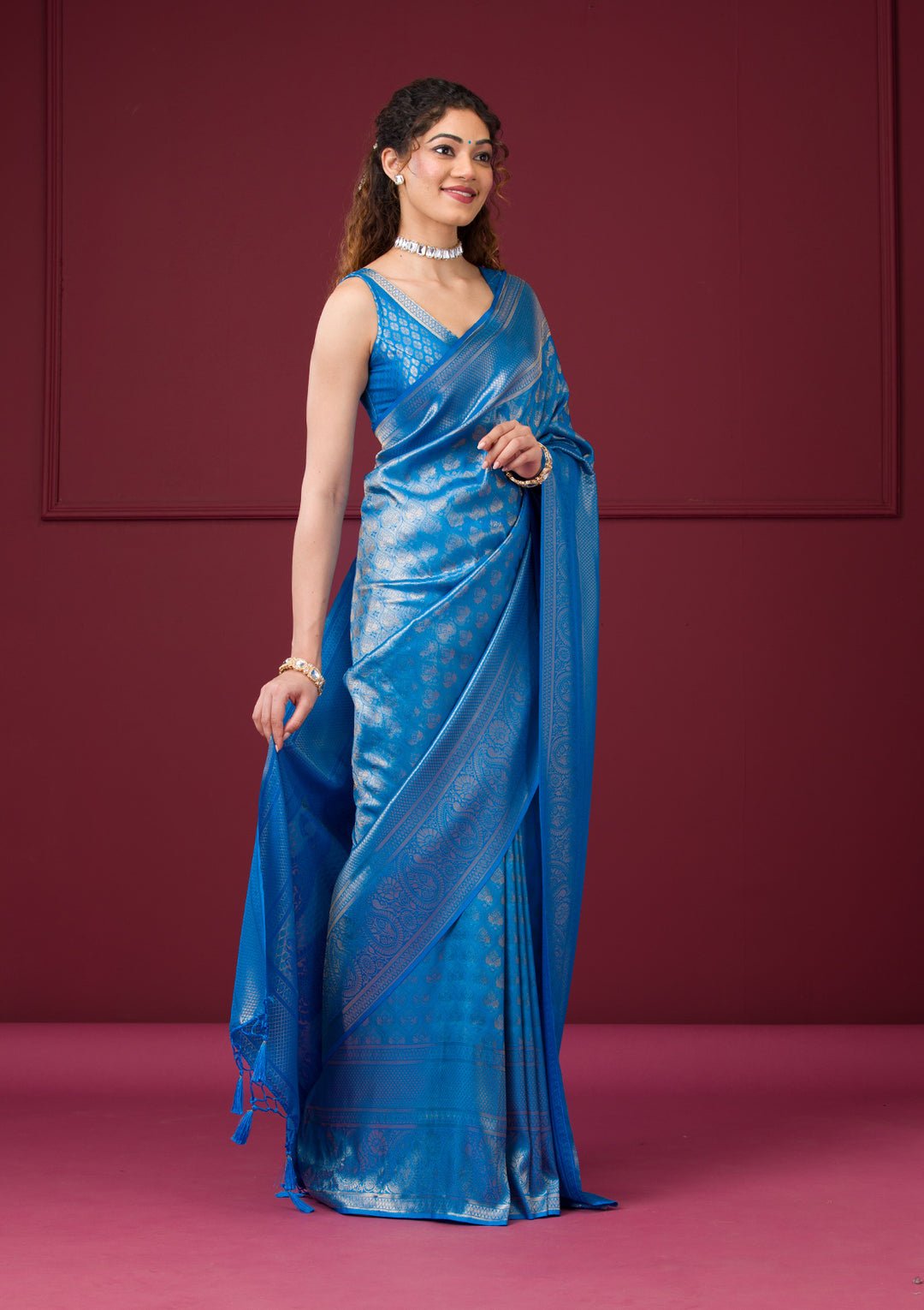 Turquoise Blue Zariwork Art Silk Saree - Image 5